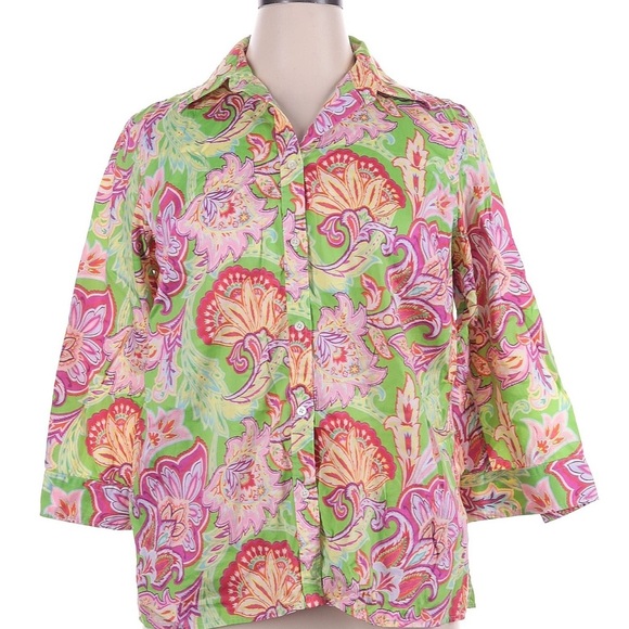 Lauren Ralph Lauren Green & Pink Button Down Shirt Floral Paisley Plus Size 1X - Picture 1 of 5